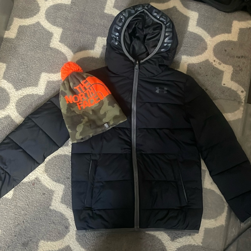 Under Armor Youth Puffer Jacket and North Face Beanie